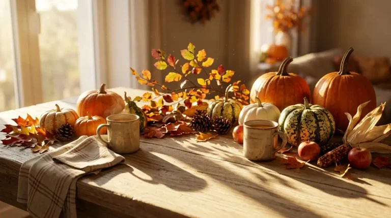 Abundant autumn harvest display with pumpkins, gourds, dried corn and colourful foliage massed along a wooden console in warm low light