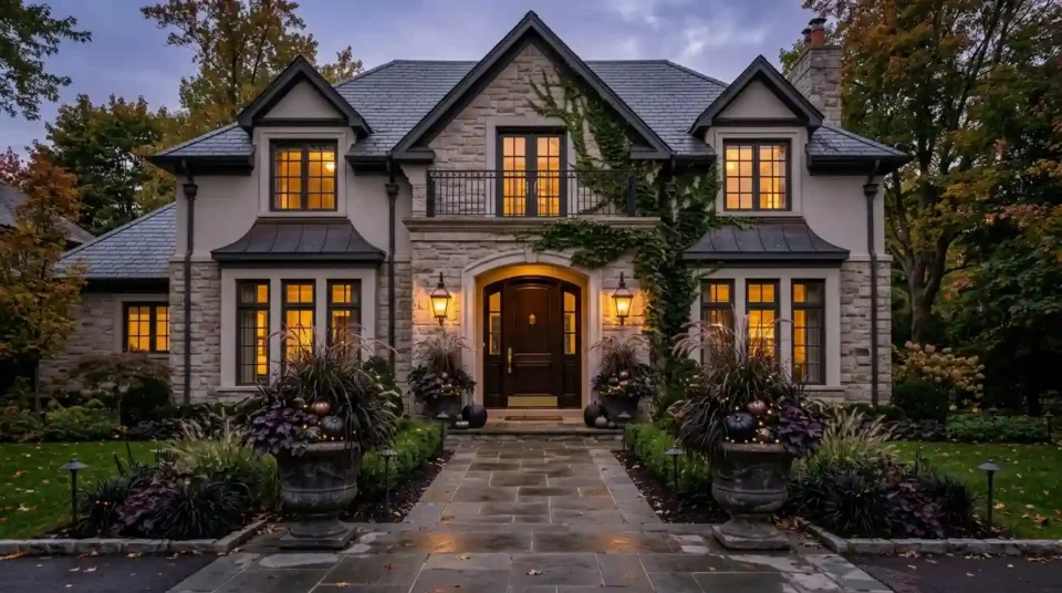 Elegant house front at dusk with paired dark planters, black lanterns and dark foliage in the beds