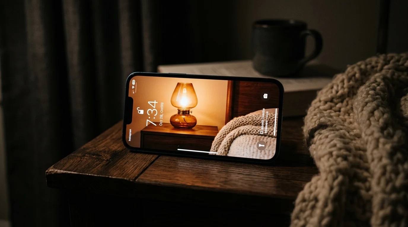 Dim autumn phone lock screen showing a warm lamp glow, dark walnut table and the edge of a knit throw