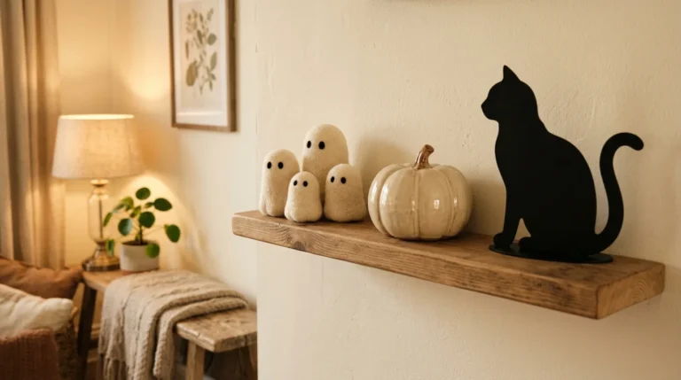 Shelf styled with small rounded felt ghosts, a ceramic pumpkin and one plain black cat silhouette