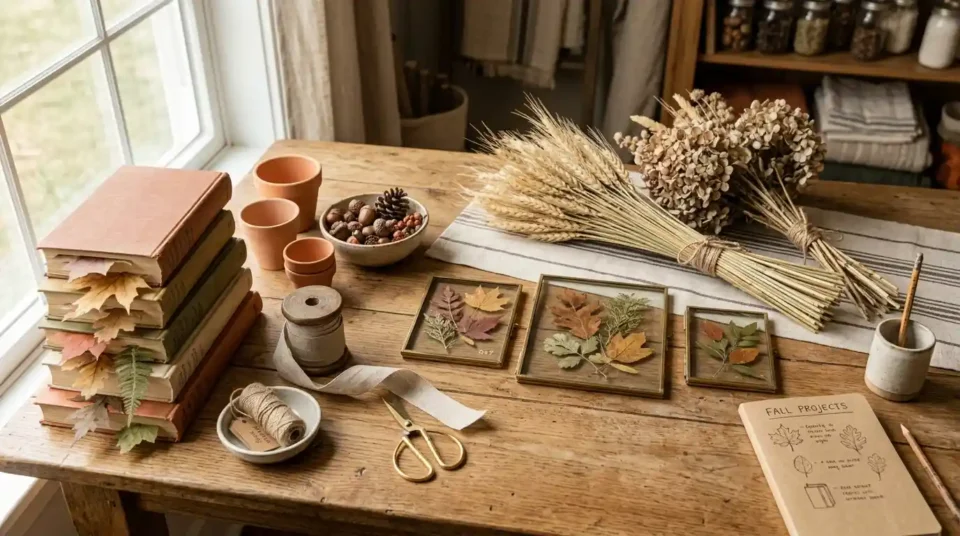 Autumn craft table with dried stems, terracotta pots, pressed leaves and linen ribbon laid out in warm neutral tones
