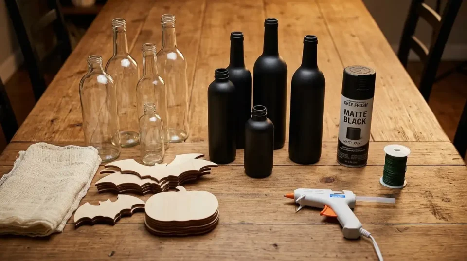 Craft table with painted glass bottles, wood cutouts, cheesecloth and matte black spray paint laid out for Halloween projects