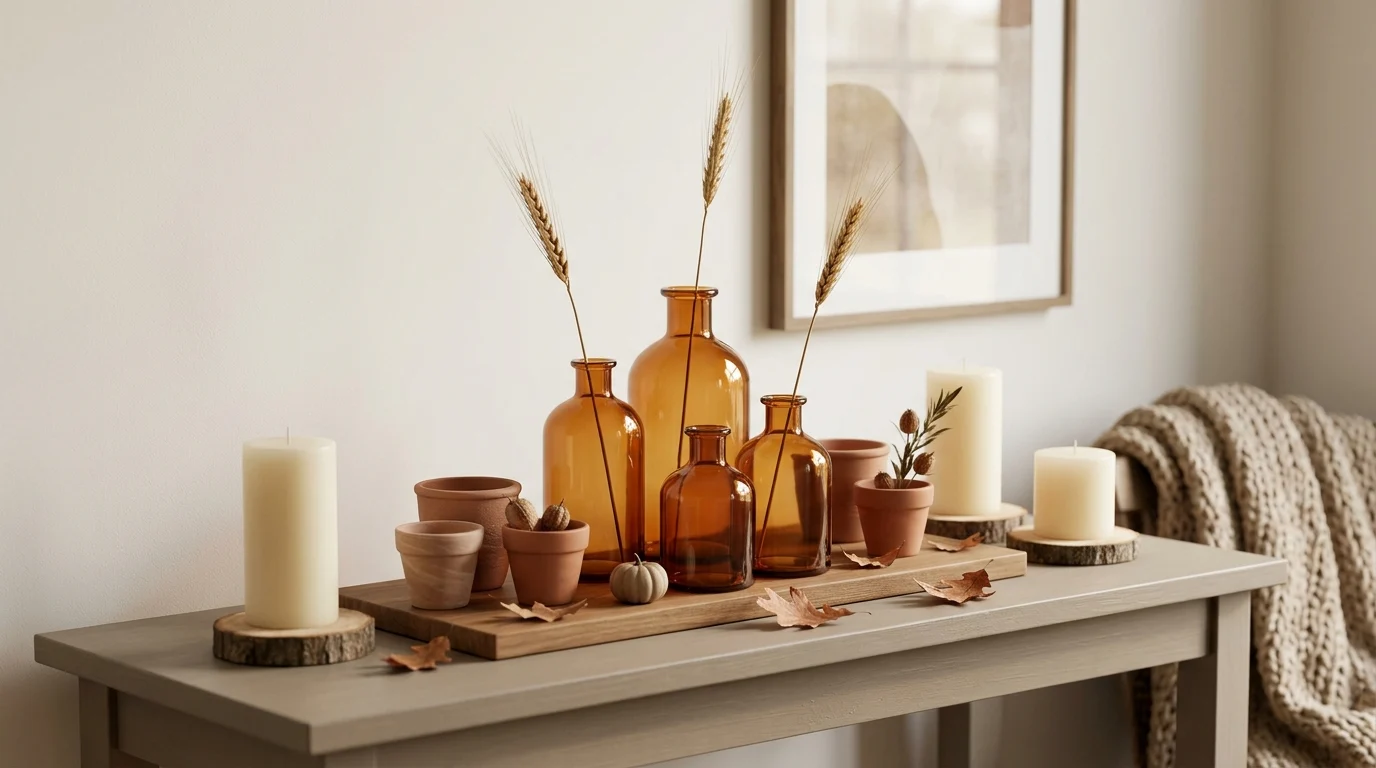 Styled autumn console with amber glass vases, small terracotta pots, wheat stems and ivory pillar candles