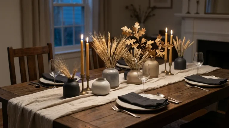 Autumn dining table set with cream linen, low stoneware vessels, dried wheat and lit taper candles at dusk
