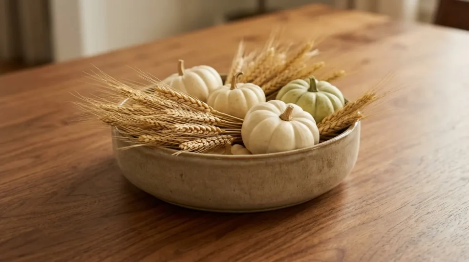 Low glazed stoneware bowl holding dried wheat and small white pumpkins on a wooden dining table