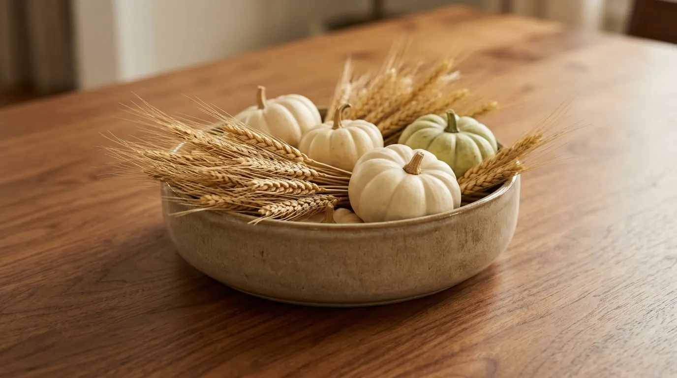 Low glazed stoneware bowl holding dried wheat and small white pumpkins on a wooden dining table