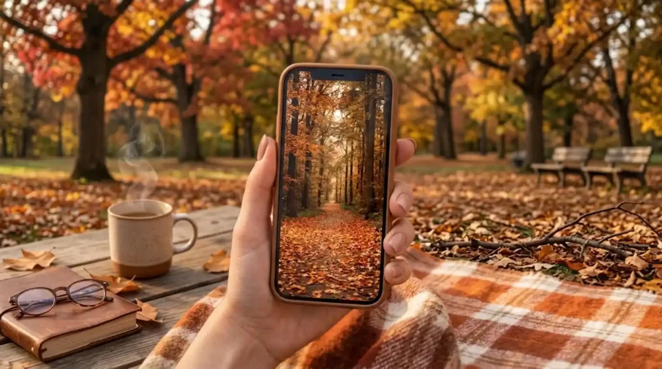 Phone held upright showing a warm autumn photo with wide empty margins on both sides of the subject