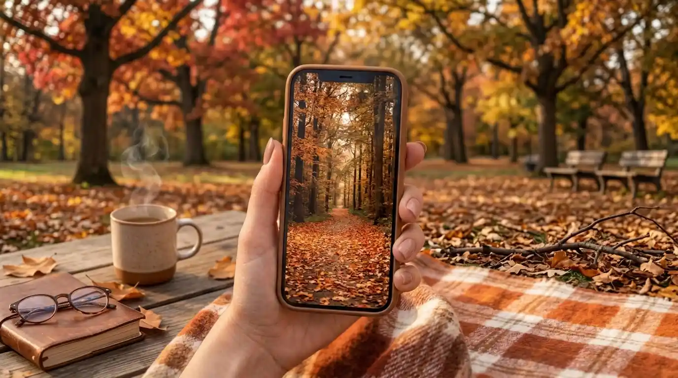 Phone held upright showing a warm autumn photo with wide empty margins on both sides of the subject