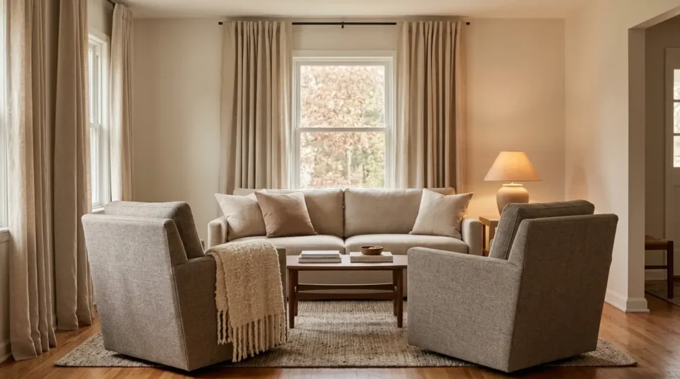 Living room with two chairs turned inward toward a low table, floor-length oatmeal curtains and a wool throw