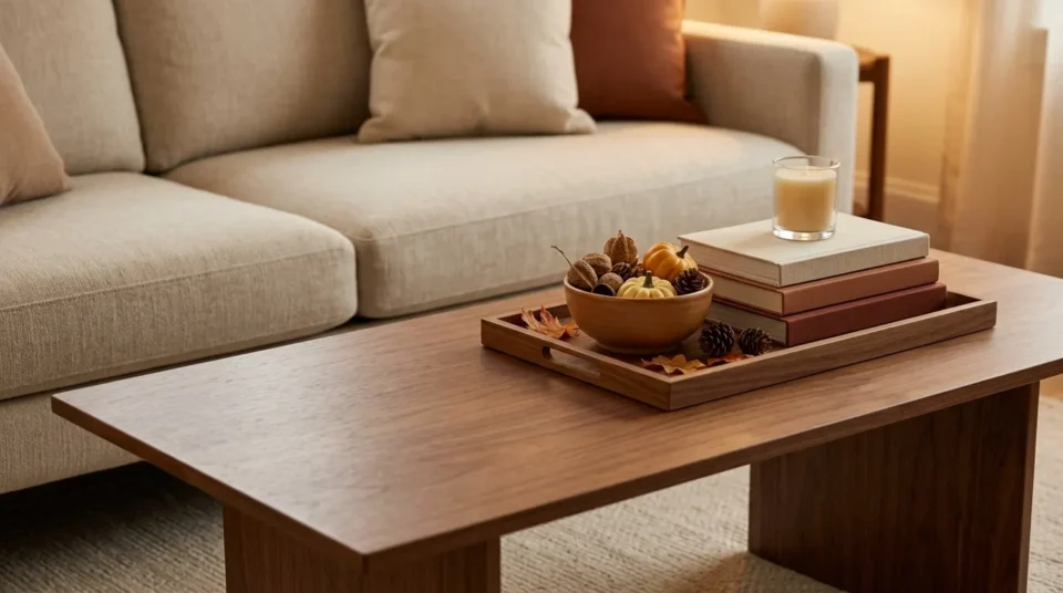 Living room coffee table styled with a wooden tray, stacked books and a stoneware bowl in warm autumn tones
