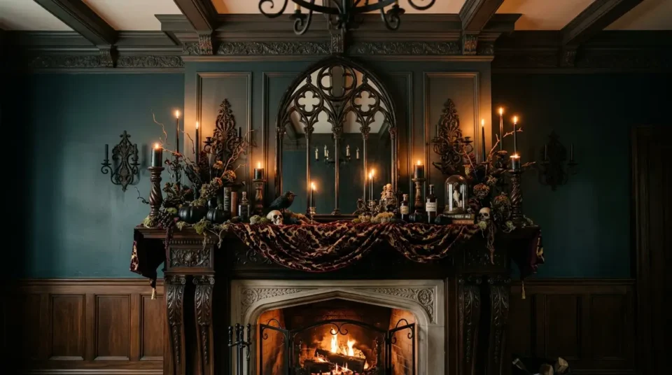 Dark mantel dressed with an arched mirror, damask cloth, carved candlesticks and worked iron
