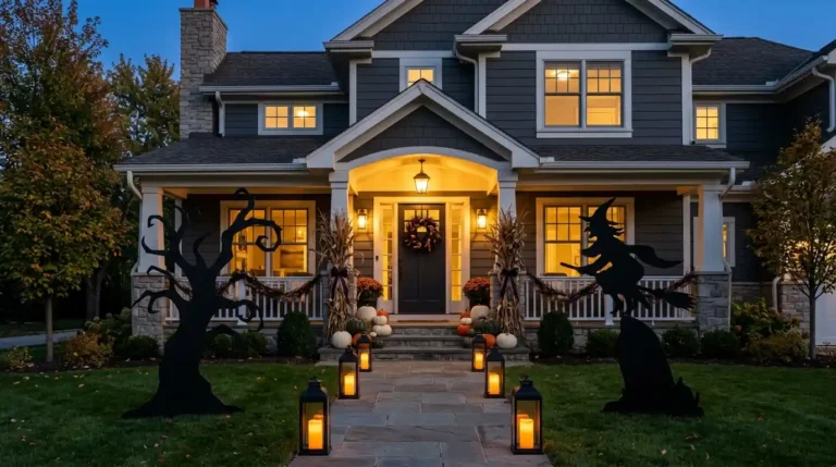 Front of a decorated home at dusk with a lit doorway, warm amber lanterns and two large dark silhouette pieces