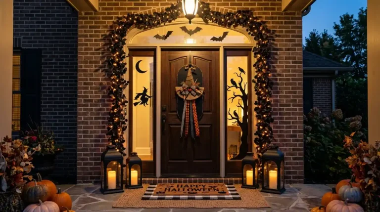 Front door styled top to bottom with a black door hanger, lit trim garland, hanging bats and a layered coir mat