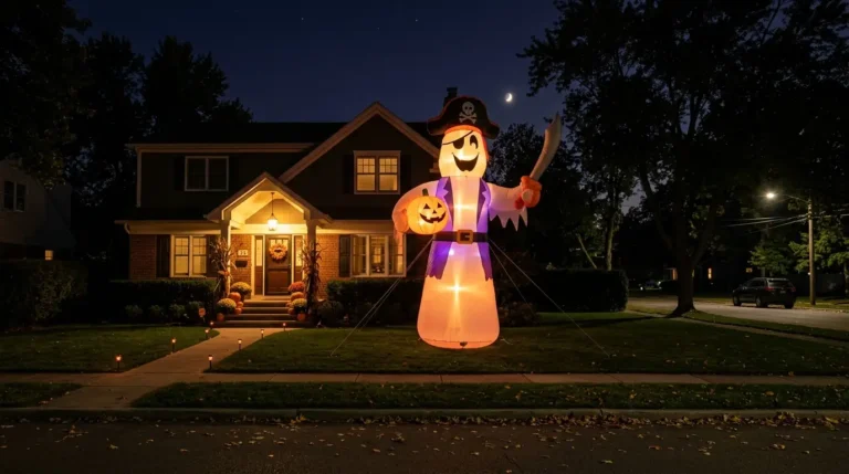 Large lit inflatable figure standing on a front lawn at night beside a suburban house