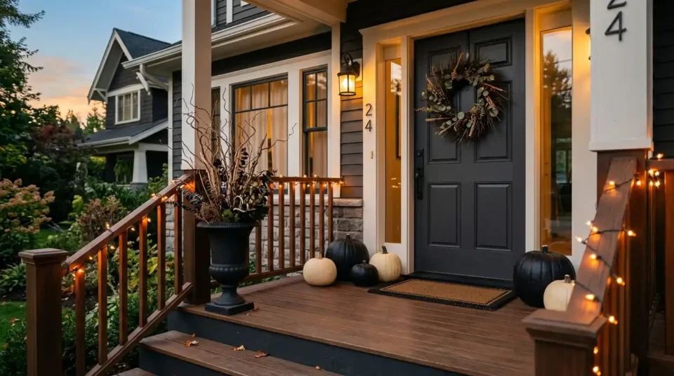 Styled Halloween porch with a matte black urn, warm string lights and a cluster of painted pumpkins