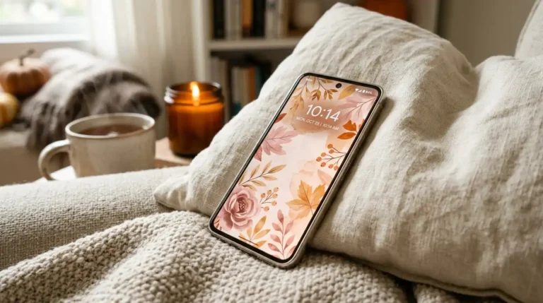 Warm dusty rose autumn background glowing on a phone propped against a cream linen cushion