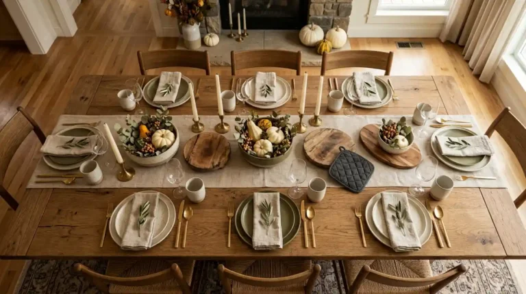 Warm neutral Thanksgiving table with serving bowls, wooden trivets, cream tapers and folded linen napkins at each seat