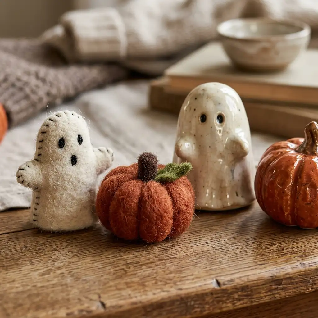 Handmade felt, wool and glazed ceramic Halloween pieces showing visible fibre and glaze texture
