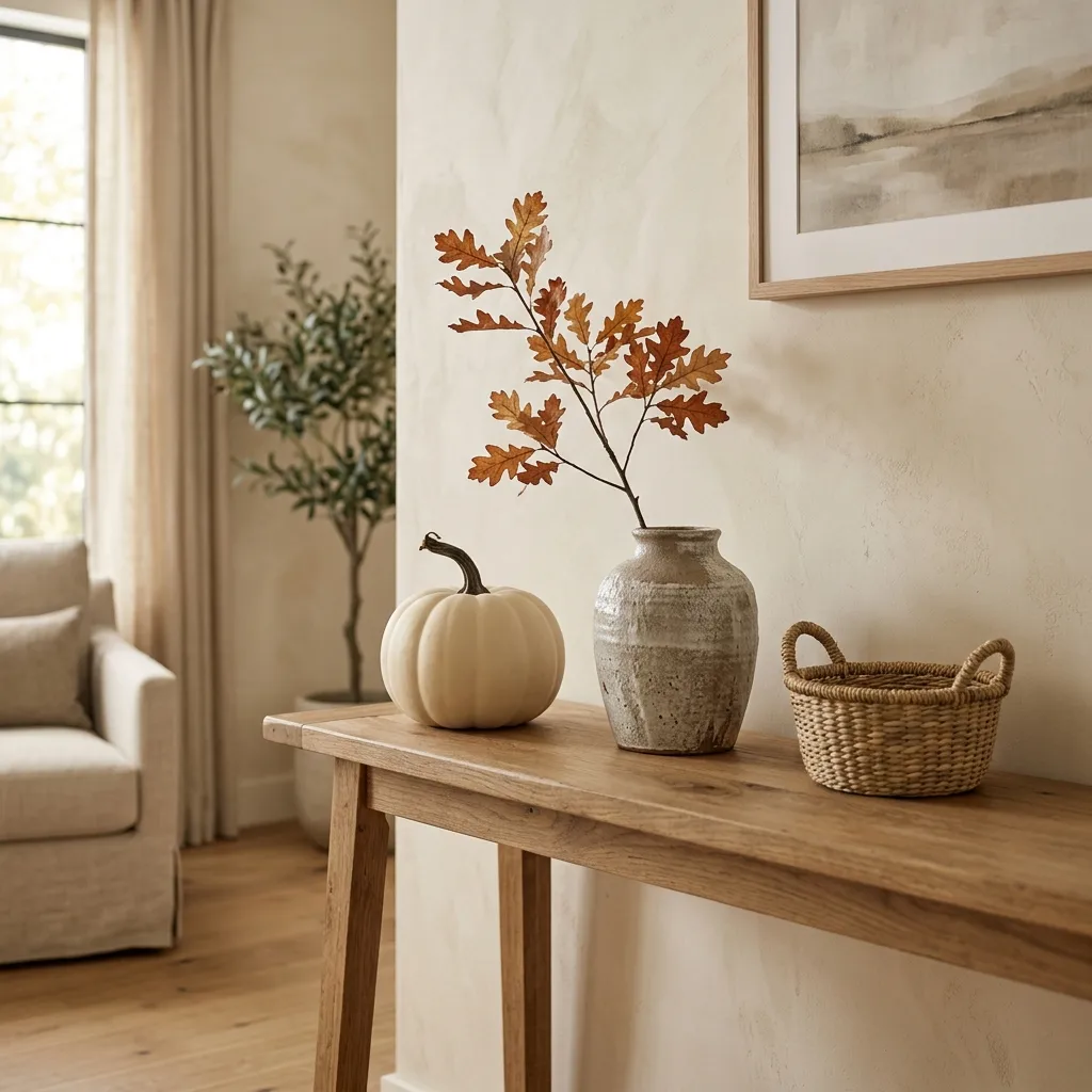 Three finished autumn pieces grouped on an oak console with space around each one