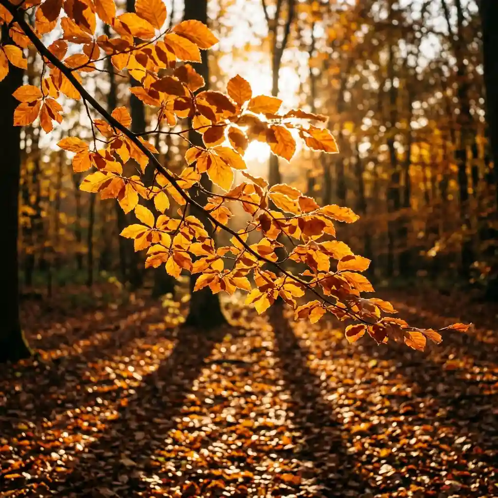 Backlit amber leaves with bright rimmed edges and long shadows stretching across the ground