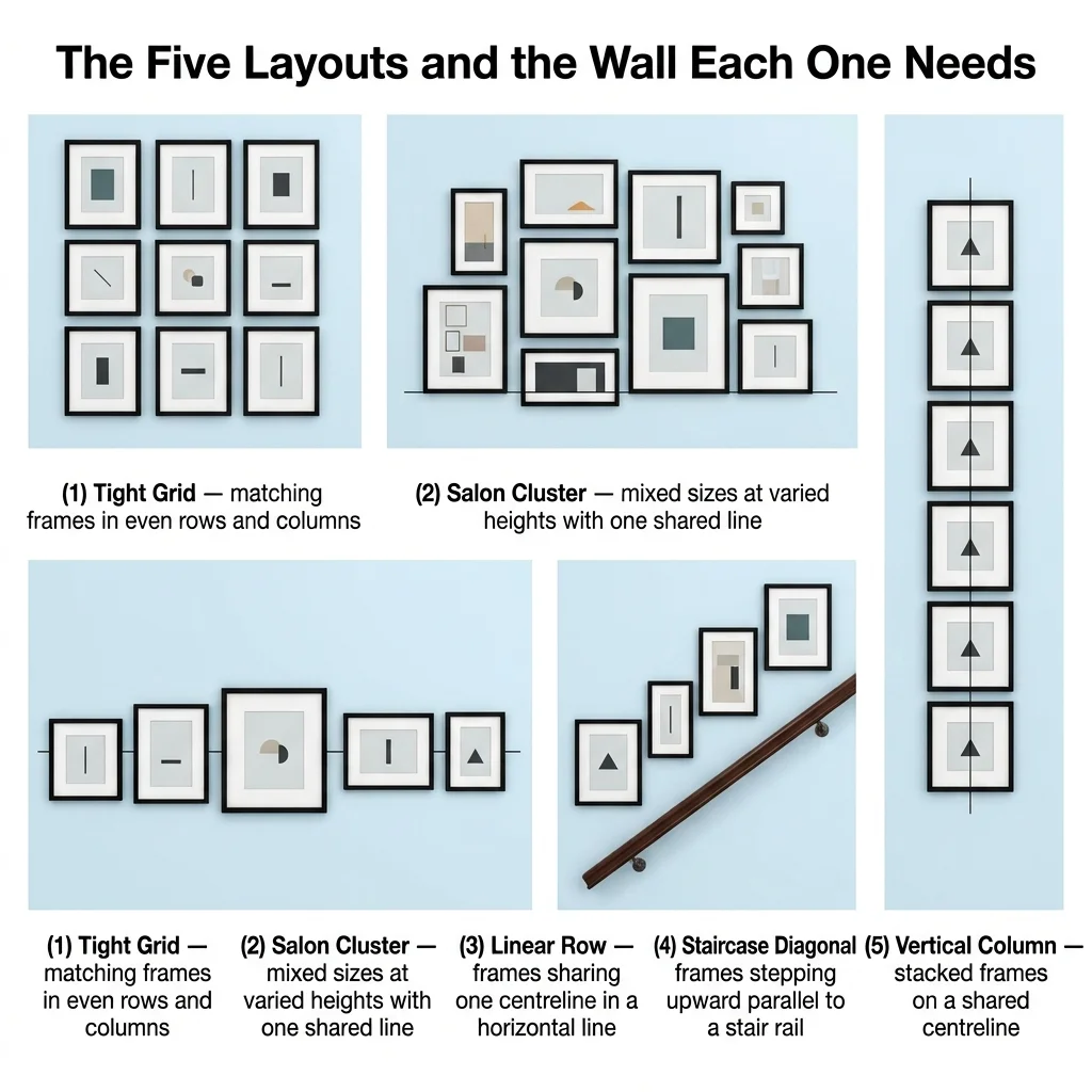 Five gallery wall layout shapes shown side by side — grid, cluster, row, diagonal and column