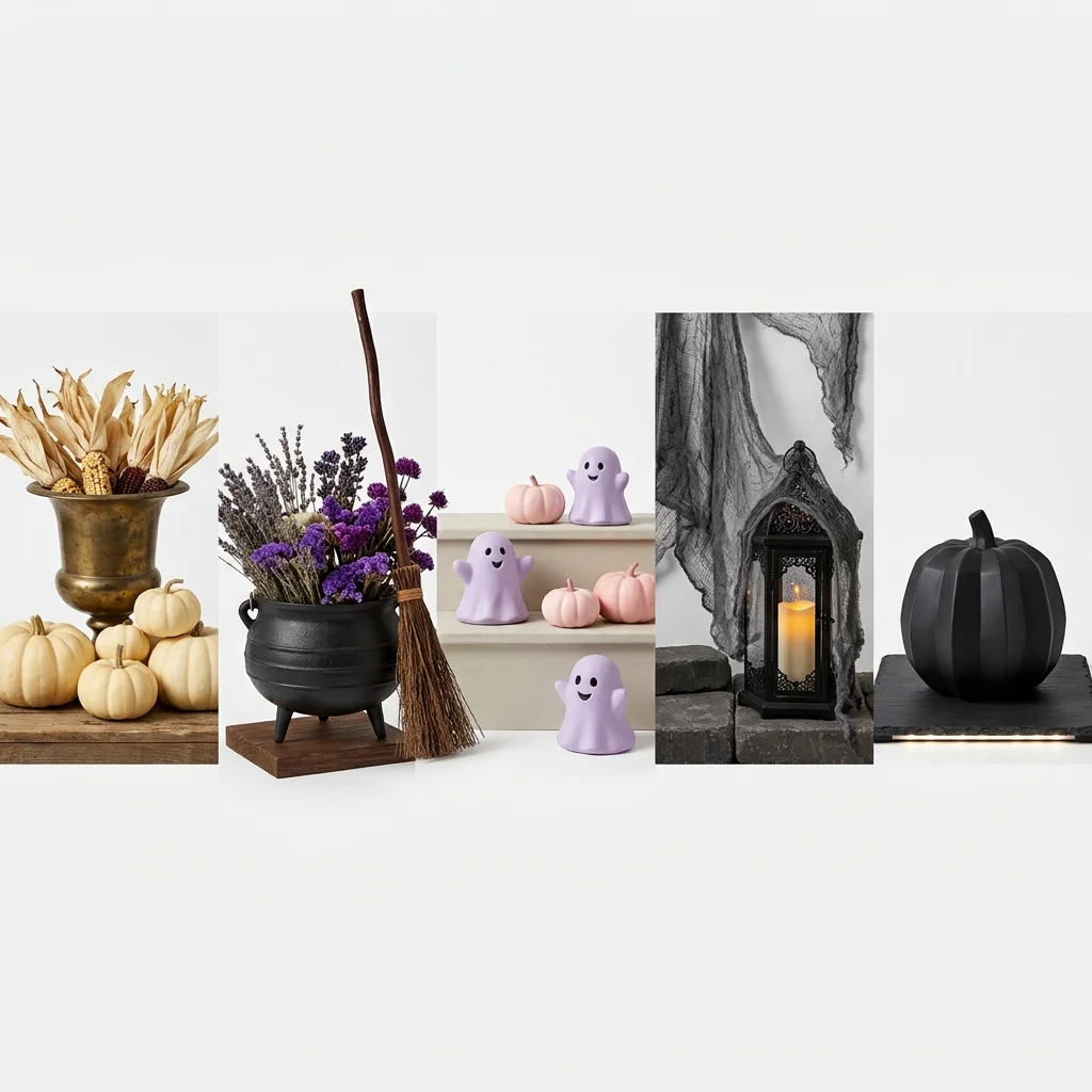 Five small styled porch vignettes side by side showing vintage, witchy, pastel, gothic and elegant Halloween looks