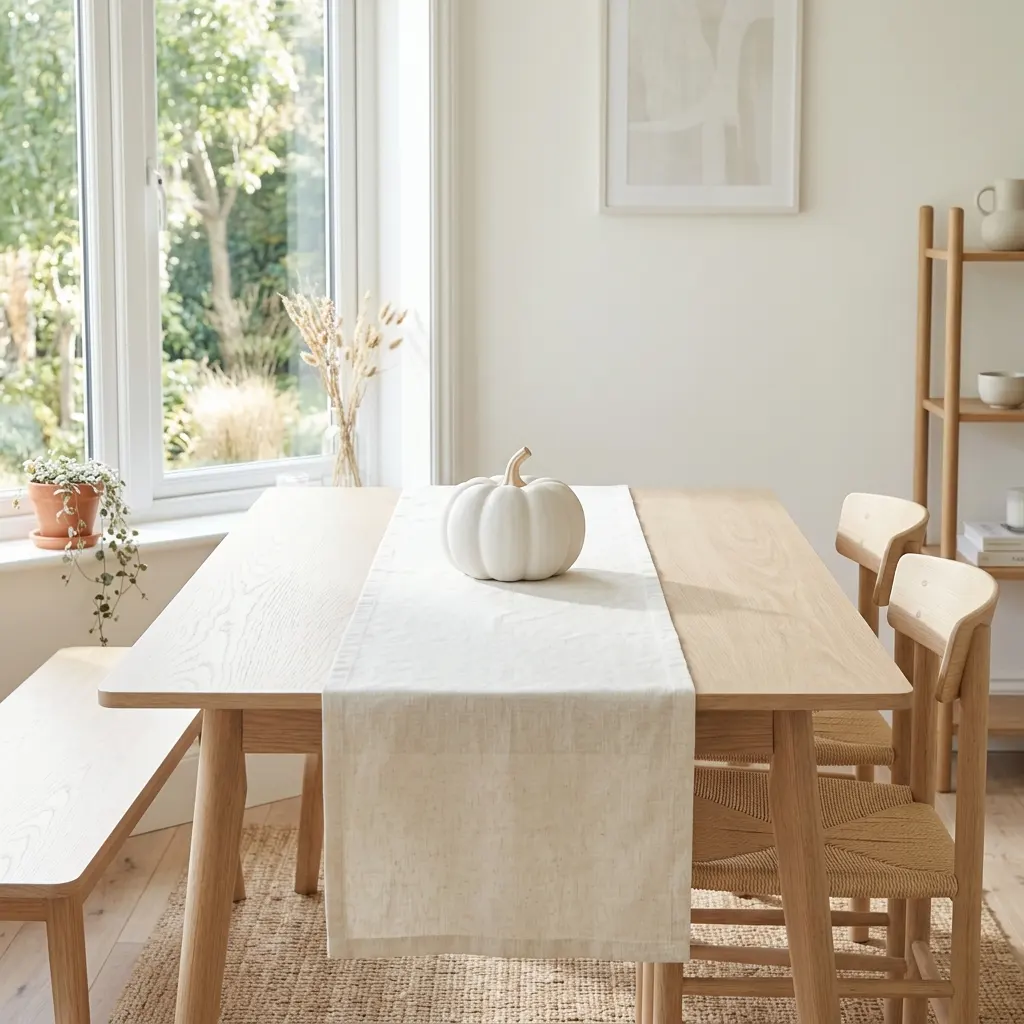Pale oak table by a large window with cream linen and one white pumpkin in clear midday daylight