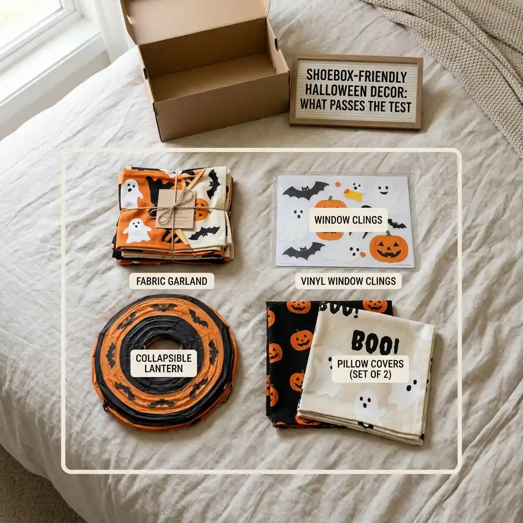 Flat fabric garland, vinyl window clings and a collapsible lantern laid out on a bed