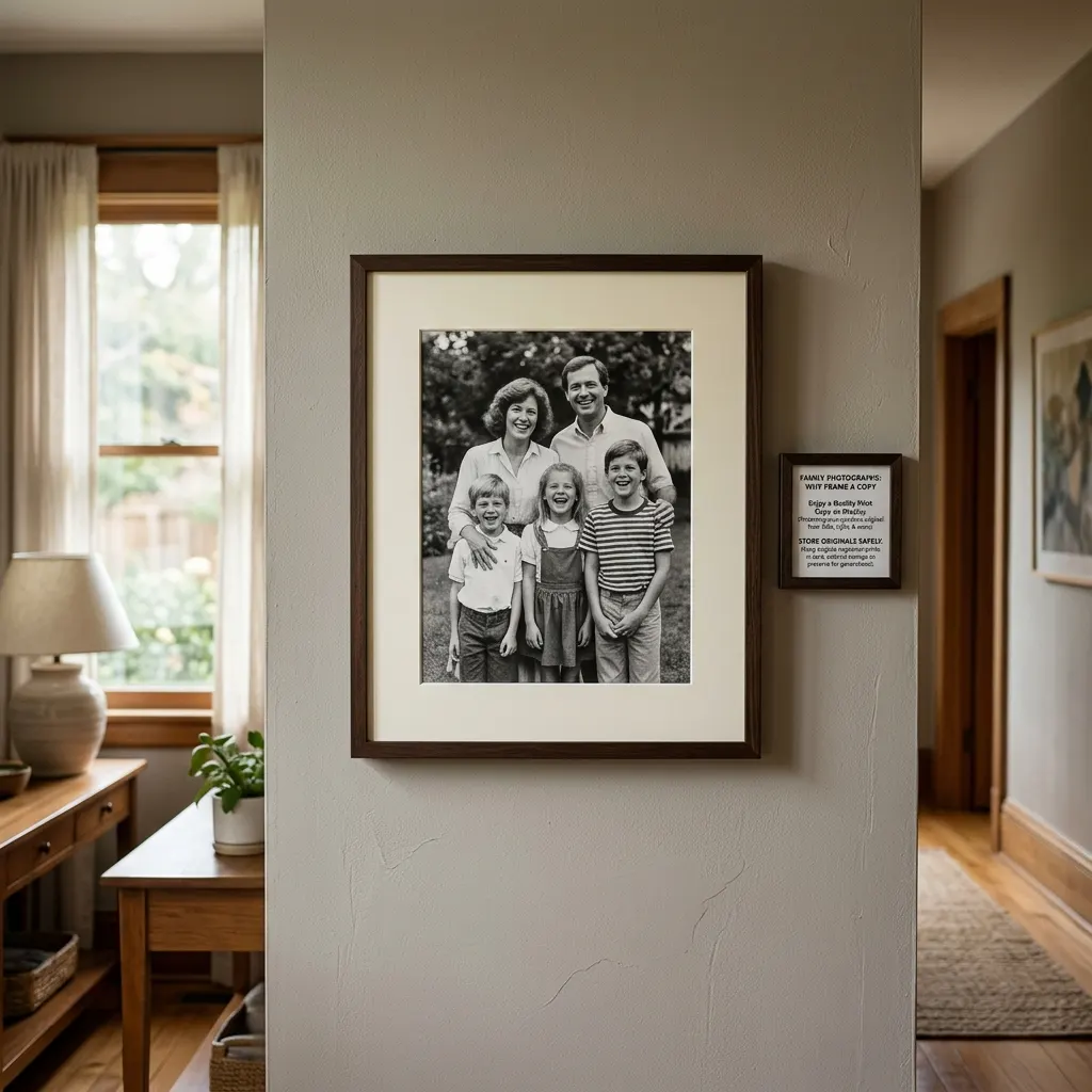 Framed black-and-white family photograph print hanging on a wall away from direct window light