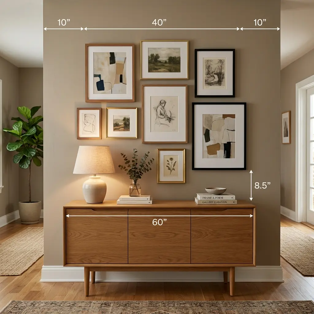 Frames grouped above a console table spanning about two-thirds of its width with even wall space each side