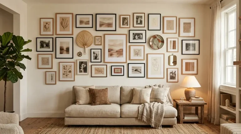 Living room gallery wall mixing oak and black frames in a soft neutral tonal range above a low sofa