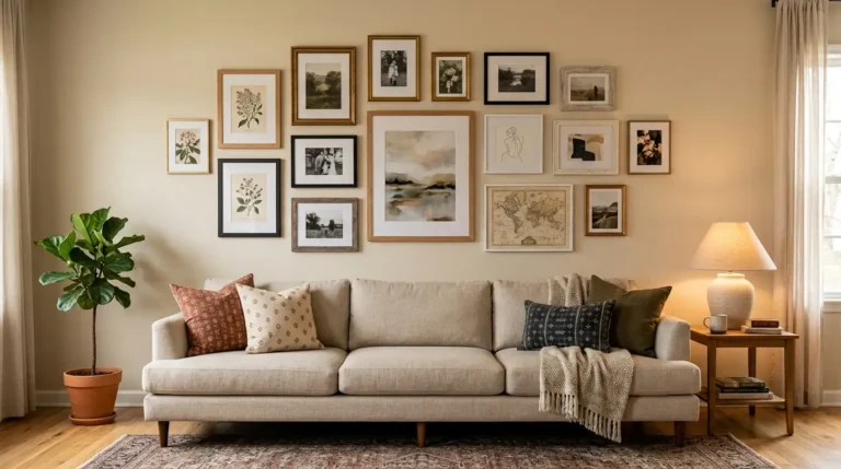 Balanced gallery wall arrangement centred above a long sofa, frames sitting within a clear rectangular footprint