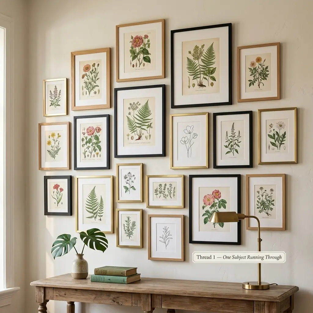 Wall of botanical prints in varied frames, all showing the same subject in different sizes=