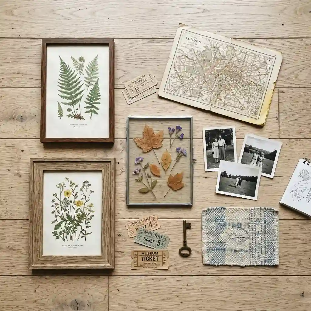 Flat-lay of gallery wall material laid on a floor — prints, a map, pressed leaves, ticket stubs and photos