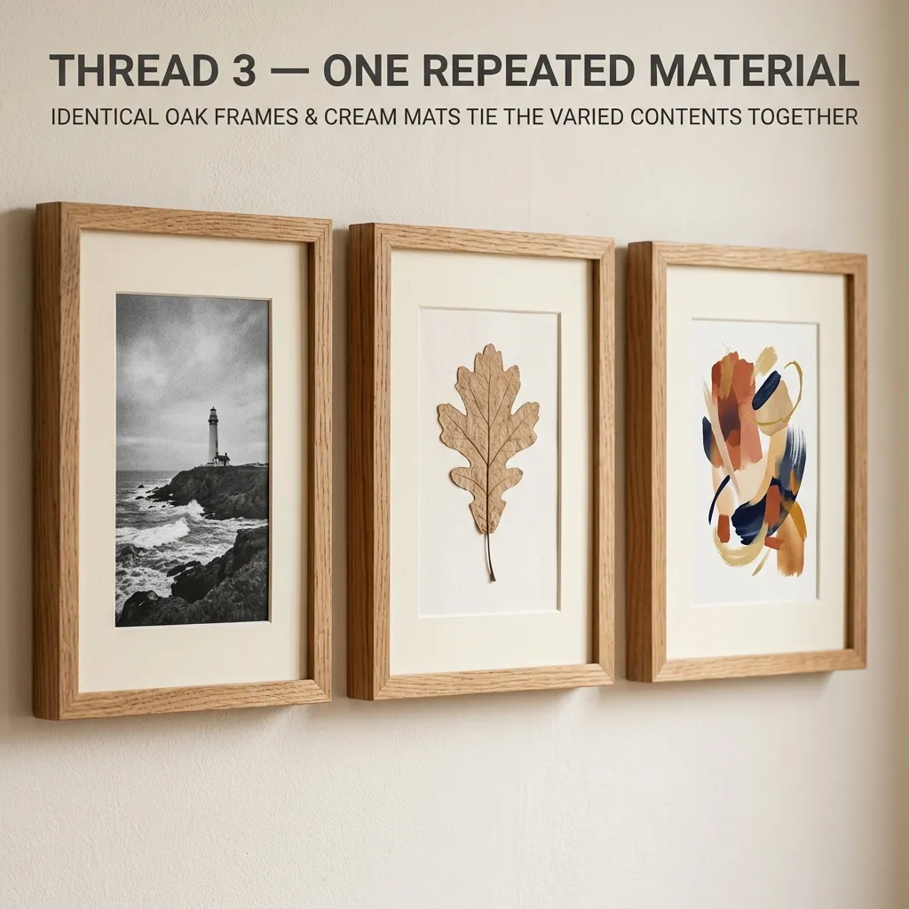 Close-up of three natural oak frames with matching cream mats holding very different images