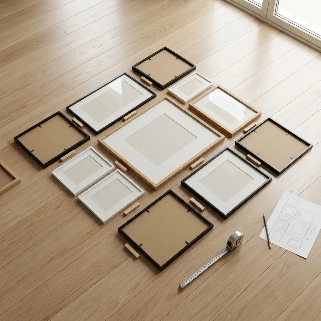 Frames arranged on a floor in a planned layout, waiting to be transferred to a wall