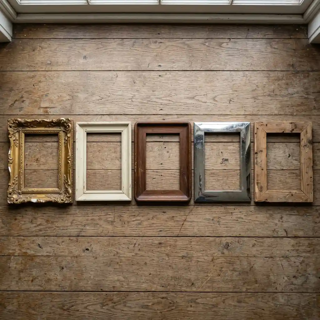 Five empty antique frames from different decades leaning in a row against a wooden wall, gilt through to bare pine