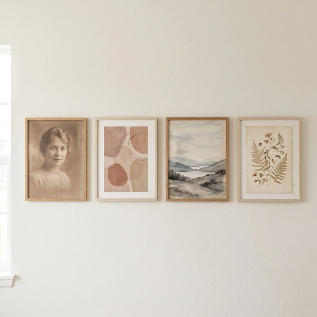 Framed pieces in faded sepia, muted clay and washed indigo sitting at a similar light-to-dark value