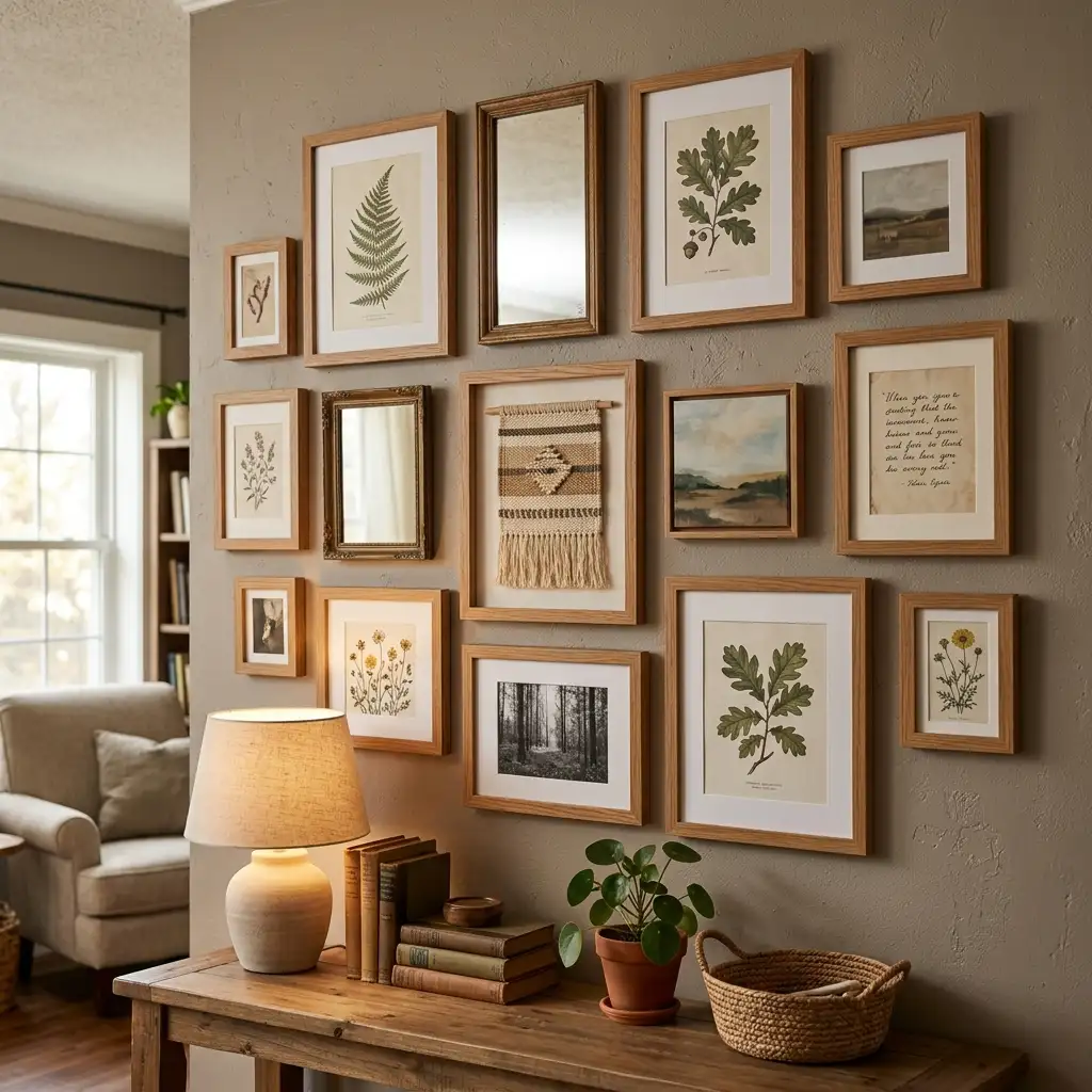 Gallery wall ideas in practice — a mixed collection tied together by one repeated warm oak frame finish