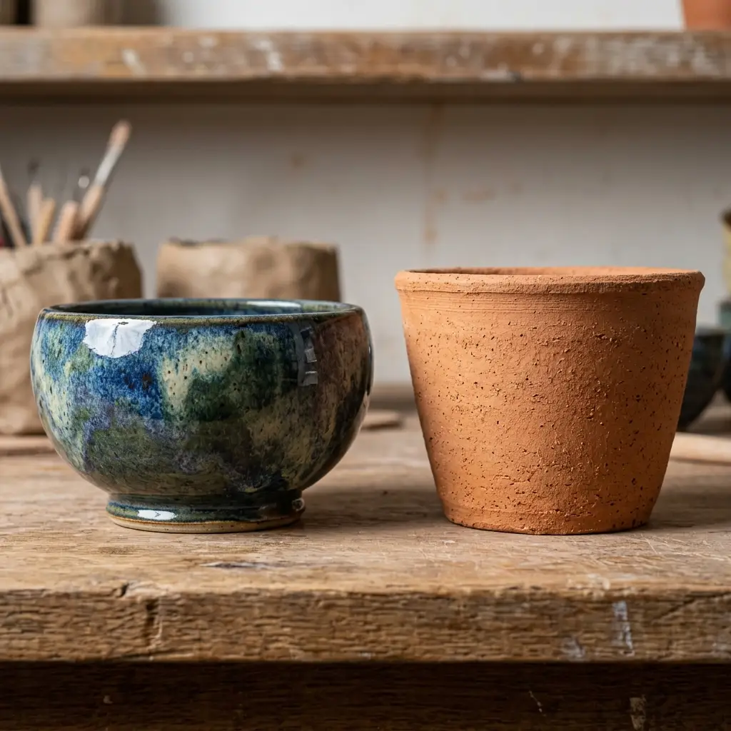 Close-up of a heavy glazed stoneware vessel beside a raw terracotta pot showing the difference in finish
