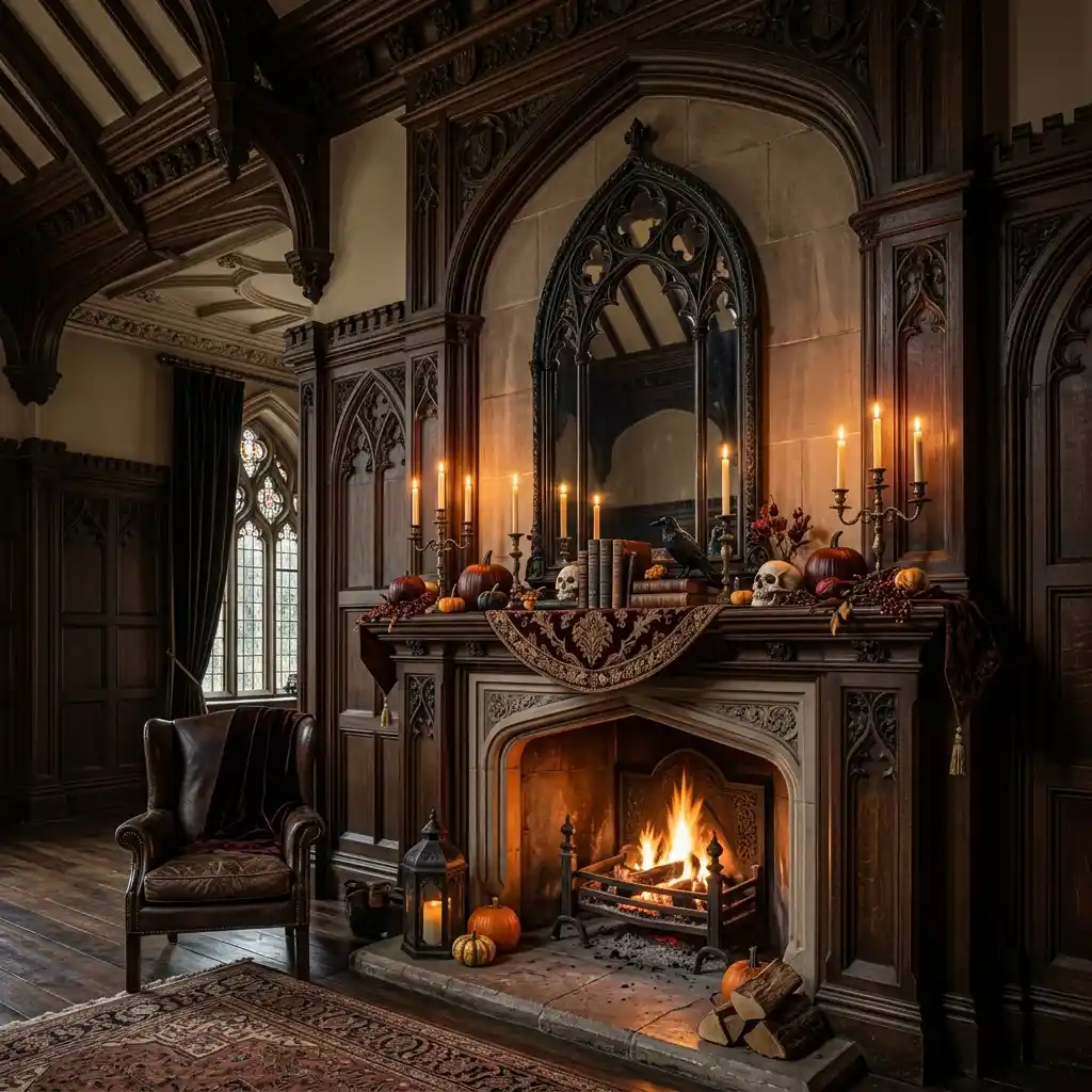 Gothic Halloween decor set in a period room with deep mouldings, panelling and a high ceiling