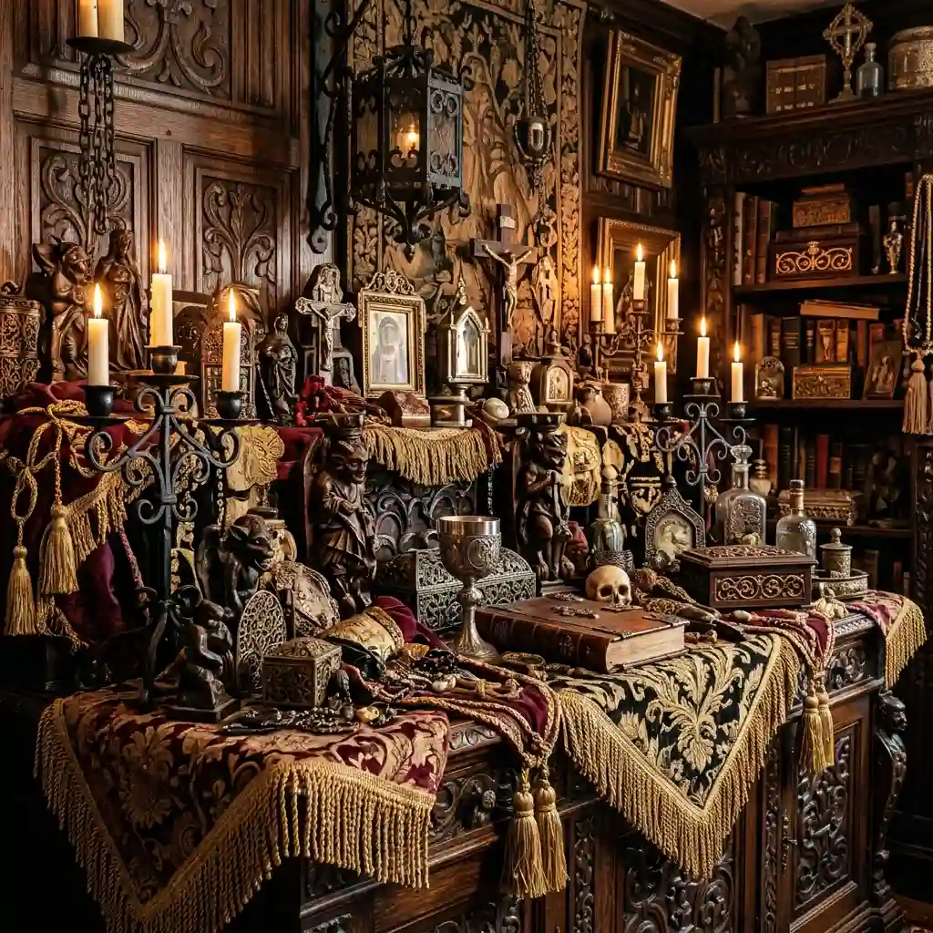 Densely layered gothic arrangement with brocade, carved wood, tassels and wrought iron detail