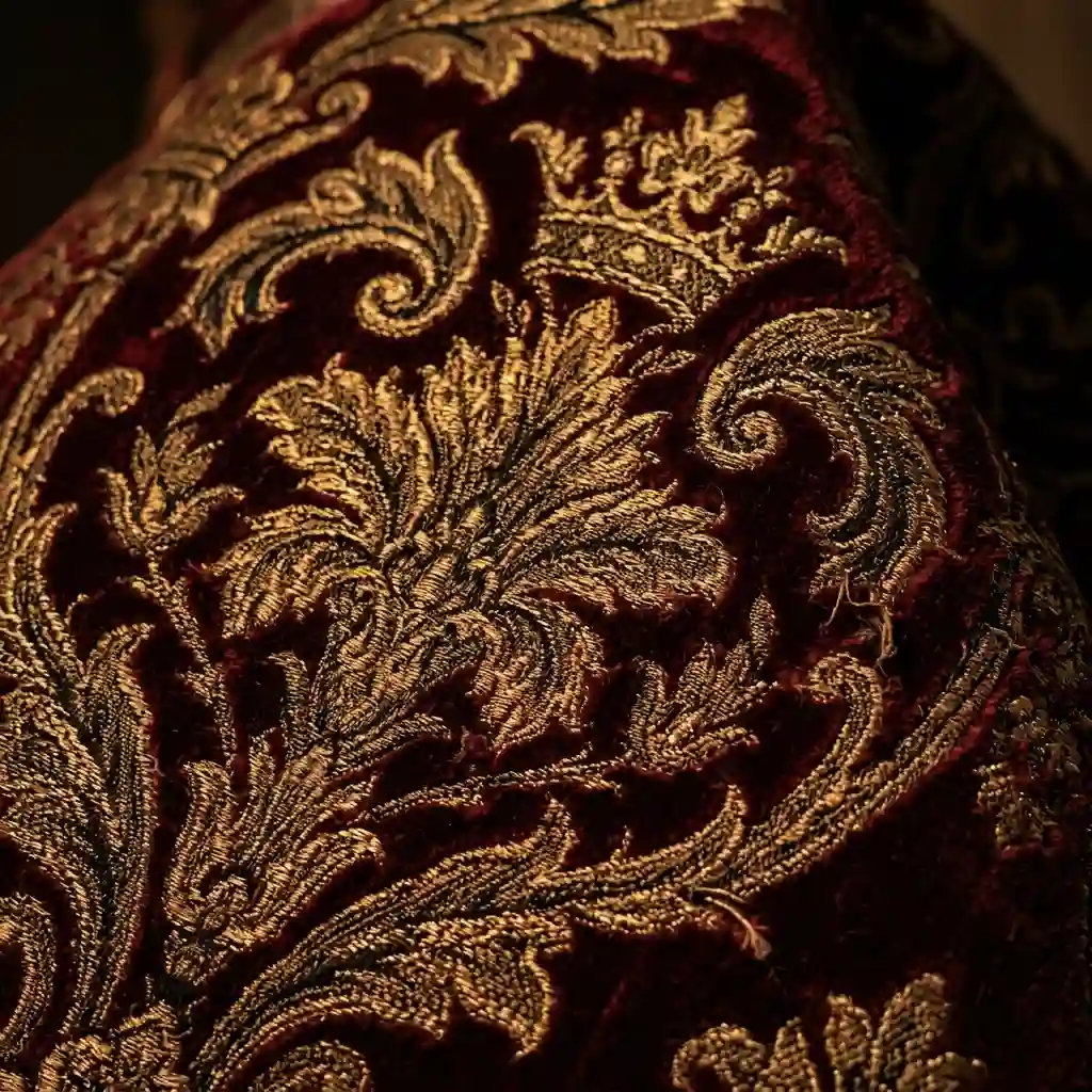 Close-up of cut velvet and heavy brocade showing pattern strong enough to read across a room