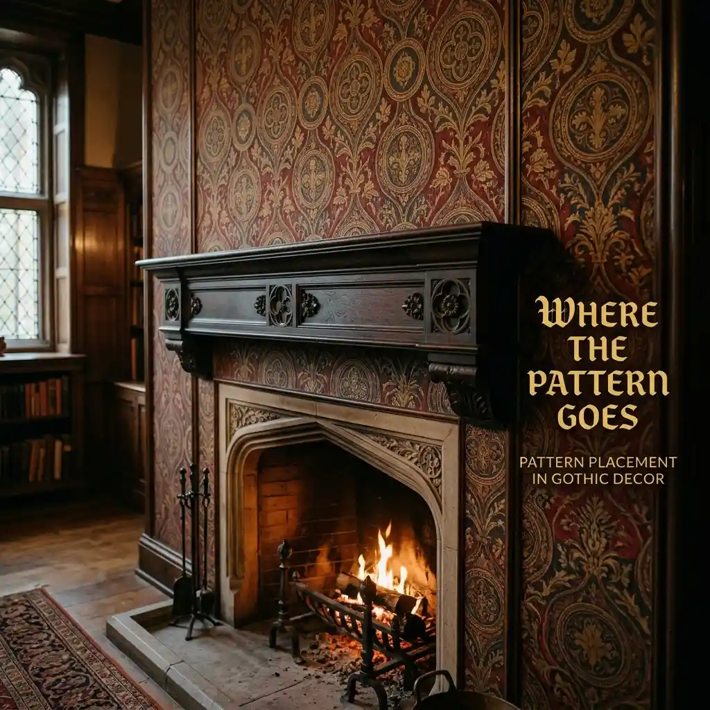 Papered patterned wall panel behind a completely bare dark mantel shelf