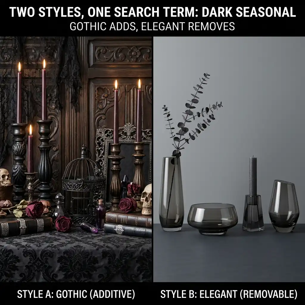 Two dark seasonal vignettes side by side, one heavily layered and one pared back to four objects