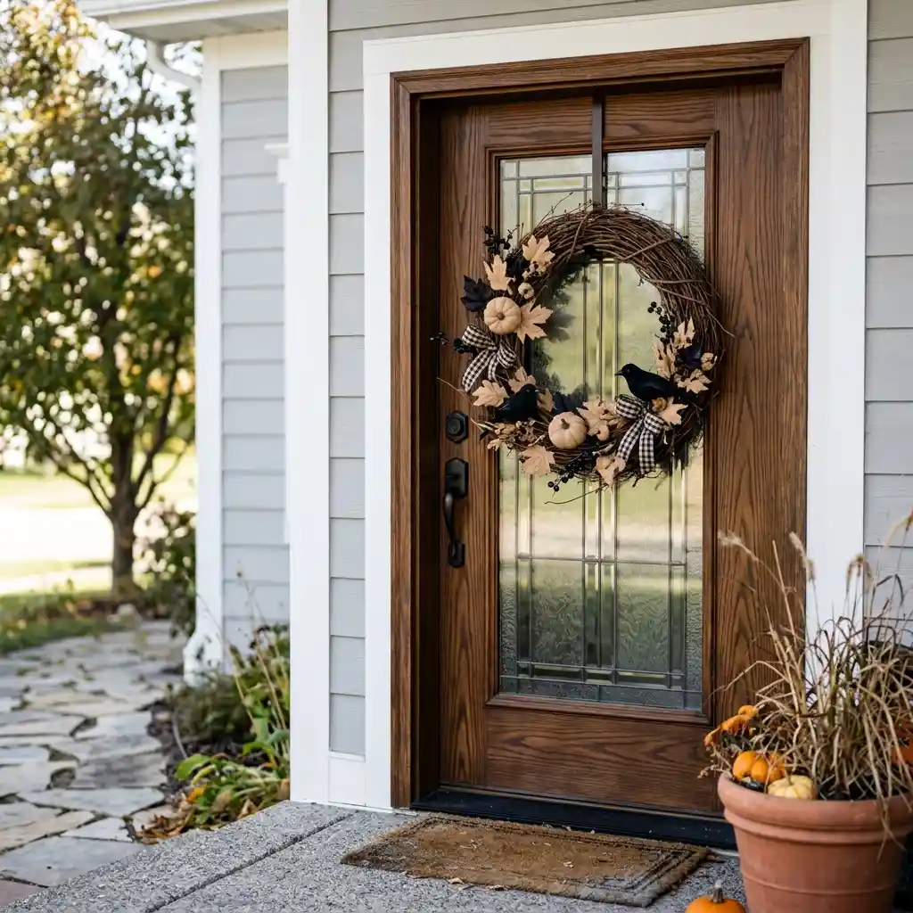 Grapevine Halloween wreath with cream and black accents on a wood-stained front door with glass panel