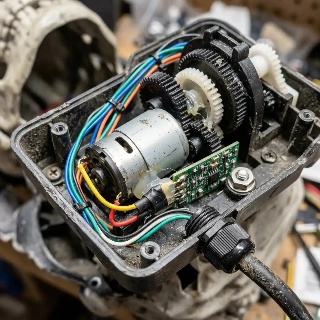 Close-up of a motorized Halloween prop showing the motor housing, wiring and outdoor-rated power cord