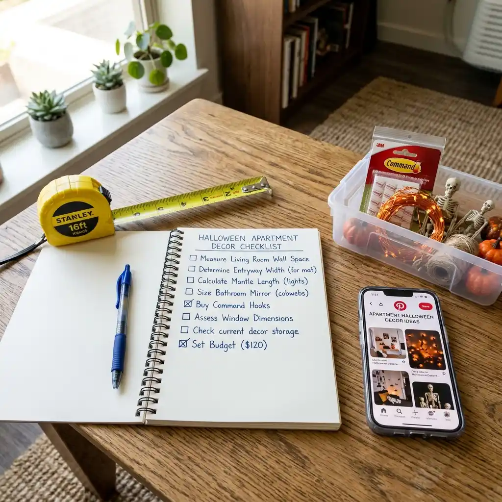 Tape measure, notebook and phone on a small apartment table beside a storage bin