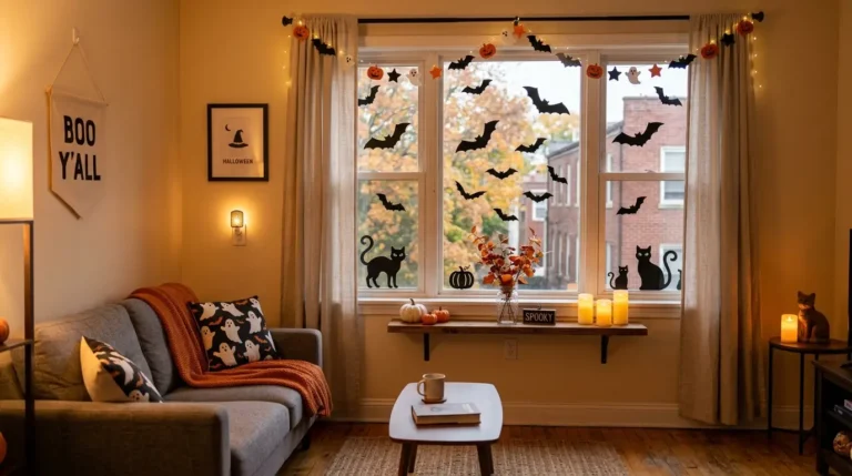 Small rental living room decorated for Halloween with a fabric garland, window silhouettes and battery candles