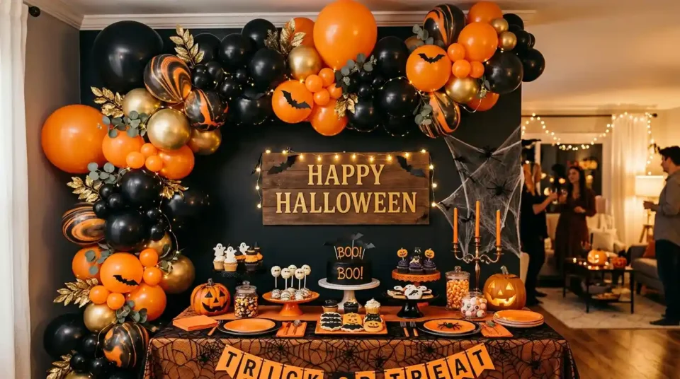 Orange and black balloon garland sweeping across a party backdrop wall above a dessert table